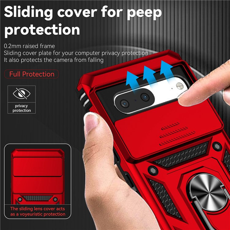 For Google Pixel 7 5G Drop-proof Protective Cover Metal Ring Kickstand PC + TPU Phone Back Case with Slide Camera Protector - Red