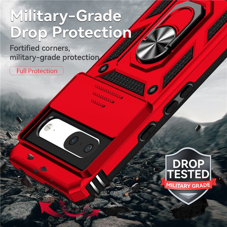 For Google Pixel 7 5G Drop-proof Protective Cover Metal Ring Kickstand PC + TPU Phone Back Case with Slide Camera Protector - Red