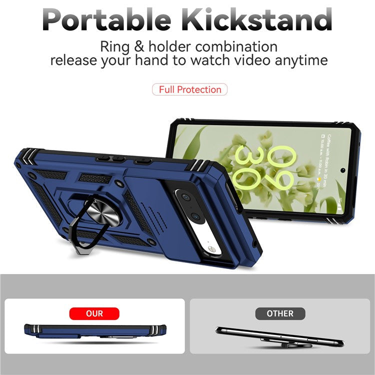 For Google Pixel 7 5G Drop-proof Protective Cover Metal Ring Kickstand PC + TPU Phone Back Case with Slide Camera Protector - Blue