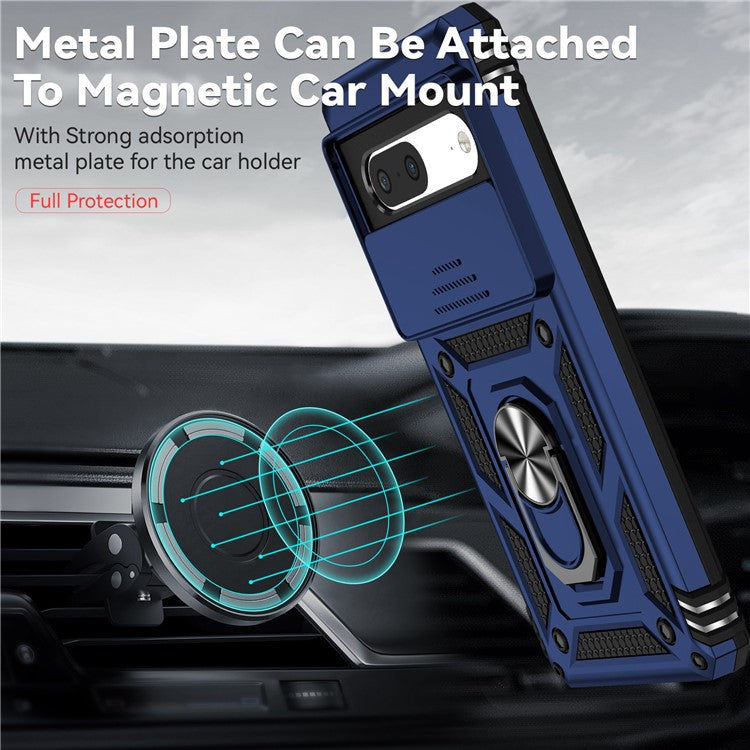 For Google Pixel 7 5G Drop-proof Protective Cover Metal Ring Kickstand PC + TPU Phone Back Case with Slide Camera Protector - Blue