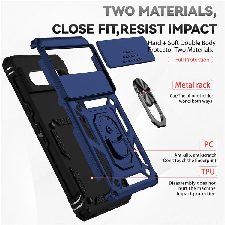 For Google Pixel 7 5G Drop-proof Protective Cover Metal Ring Kickstand PC + TPU Phone Back Case with Slide Camera Protector - Blue