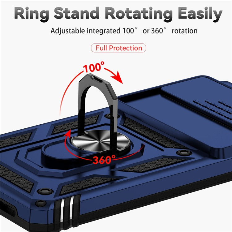 For Google Pixel 7 5G Drop-proof Protective Cover Metal Ring Kickstand PC + TPU Phone Back Case with Slide Camera Protector - Blue