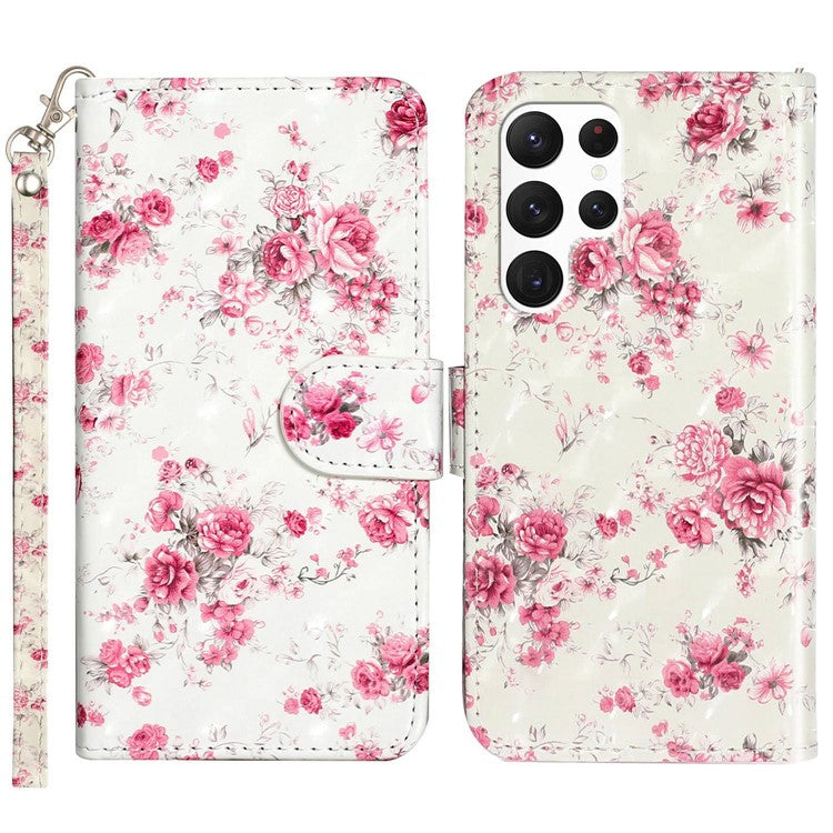 For Samsung Galaxy S23 Ultra 3D Pattern Printing PU Leather Flip Wallet Case Stand Magnetic Shockproof Protective Phone Cover with Strap - Roses
