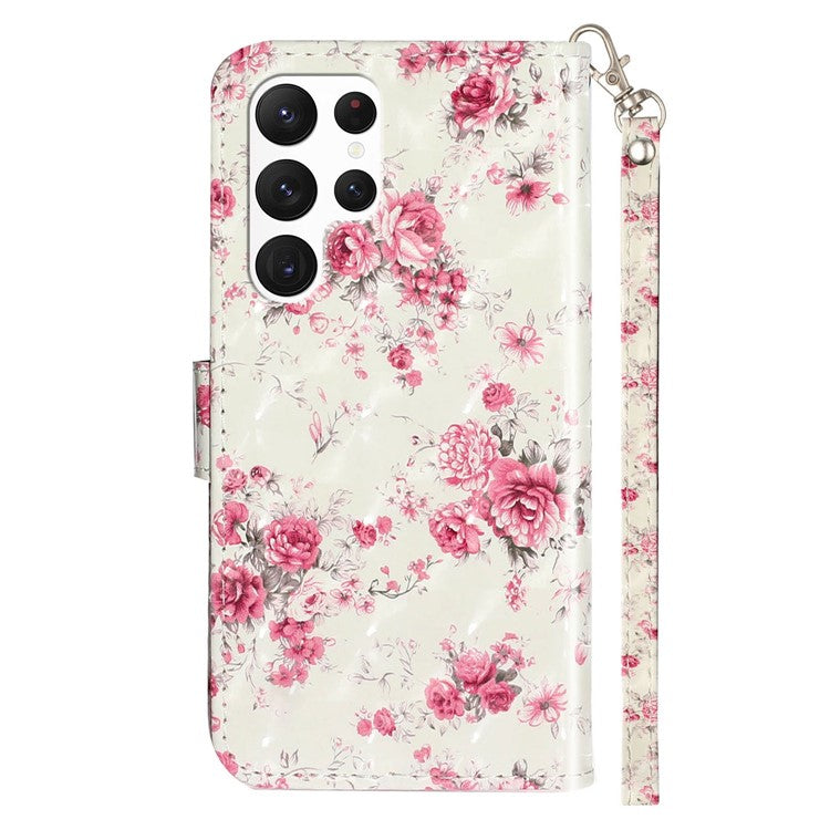 For Samsung Galaxy S23 Ultra 3D Pattern Printing PU Leather Flip Wallet Case Stand Magnetic Shockproof Protective Phone Cover with Strap - Roses