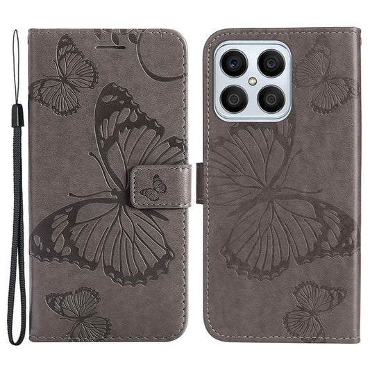 KT Imprinting Series-2 for Honor X8 4G Phone Case Imprinted Butterfly Pattern Protective Wallet PU Leather Stand Cover with Strap - Grey