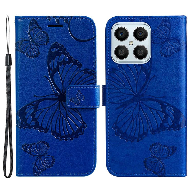 KT Imprinting Series-2 for Honor X8 4G Phone Case Imprinted Butterfly Pattern Protective Wallet PU Leather Stand Cover with Strap - Blue
