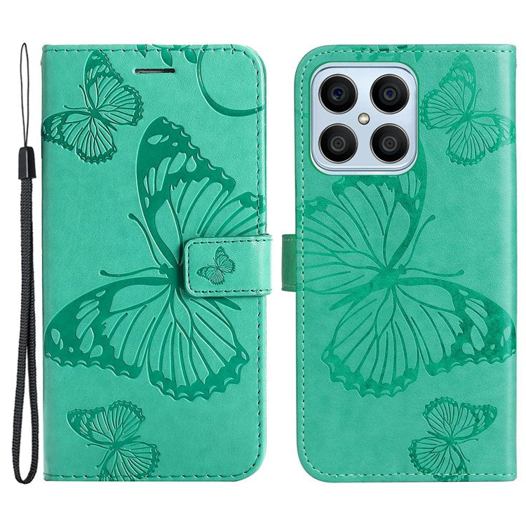 KT Imprinting Series-2 for Honor X8 4G Phone Case Imprinted Butterfly Pattern Protective Wallet PU Leather Stand Cover with Strap - Green