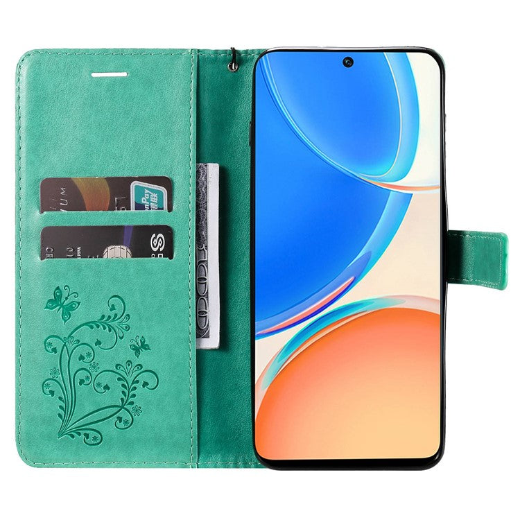 KT Imprinting Series-2 for Honor X8 4G Phone Case Imprinted Butterfly Pattern Protective Wallet PU Leather Stand Cover with Strap - Green
