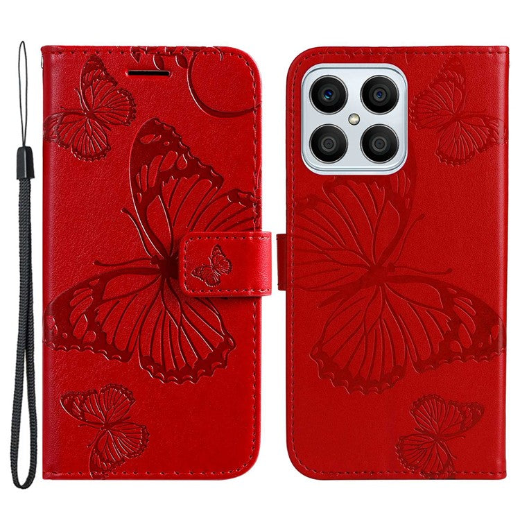 KT Imprinting Series-2 for Honor X8 4G Phone Case Imprinted Butterfly Pattern Protective Wallet PU Leather Stand Cover with Strap - Red