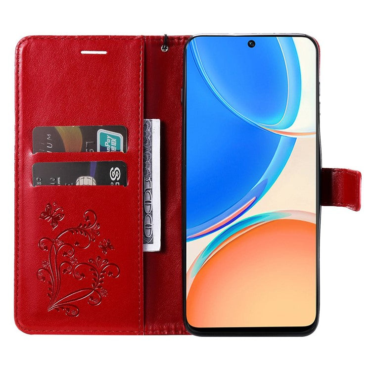 KT Imprinting Series-2 for Honor X8 4G Phone Case Imprinted Butterfly Pattern Protective Wallet PU Leather Stand Cover with Strap - Red