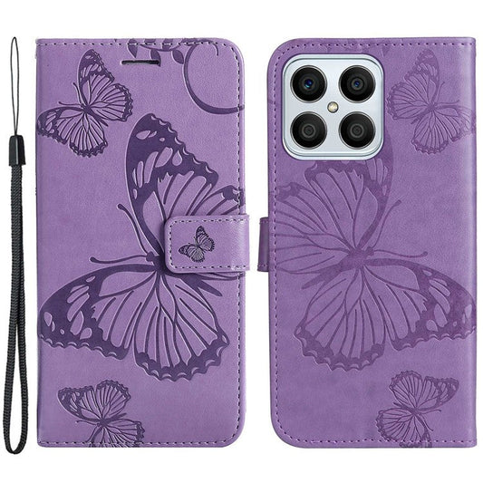 KT Imprinting Series-2 for Honor X8 4G Phone Case Imprinted Butterfly Pattern Protective Wallet PU Leather Stand Cover with Strap - Purple