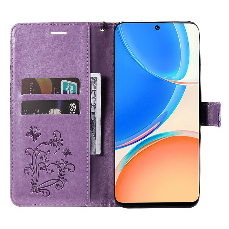 KT Imprinting Series-2 for Honor X8 4G Phone Case Imprinted Butterfly Pattern Protective Wallet PU Leather Stand Cover with Strap - Purple