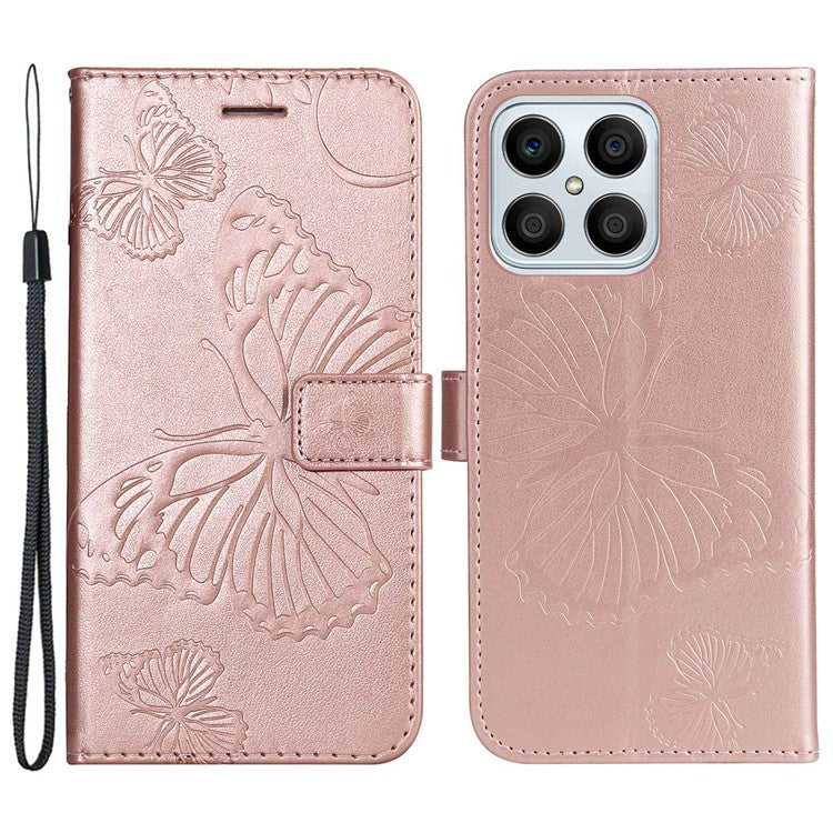 KT Imprinting Series-2 for Honor X8 4G Phone Case Imprinted Butterfly Pattern Protective Wallet PU Leather Stand Cover with Strap - Rose Gold