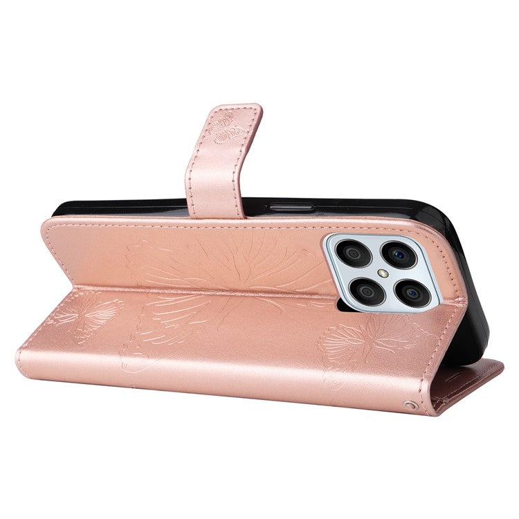 KT Imprinting Series-2 for Honor X8 4G Phone Case Imprinted Butterfly Pattern Protective Wallet PU Leather Stand Cover with Strap - Rose Gold