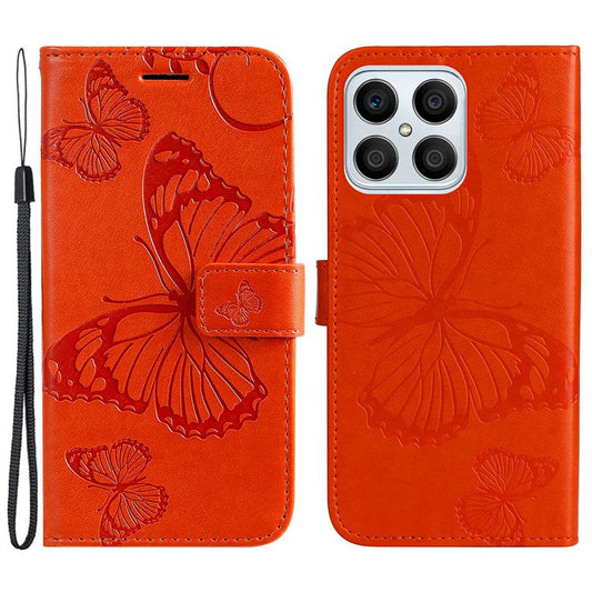 KT Imprinting Series-2 for Honor X8 4G Phone Case Imprinted Butterfly Pattern Protective Wallet PU Leather Stand Cover with Strap - Orange