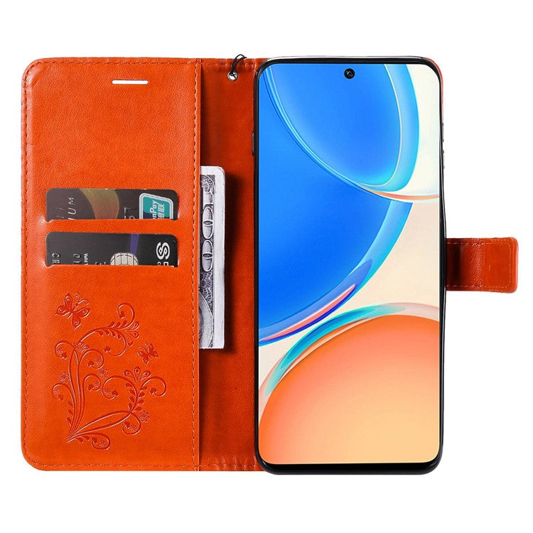 KT Imprinting Series-2 for Honor X8 4G Phone Case Imprinted Butterfly Pattern Protective Wallet PU Leather Stand Cover with Strap - Orange