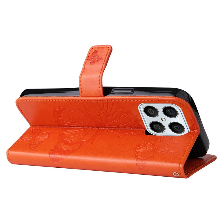KT Imprinting Series-2 for Honor X8 4G Phone Case Imprinted Butterfly Pattern Protective Wallet PU Leather Stand Cover with Strap - Orange
