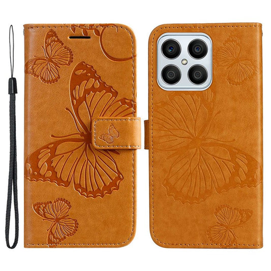 KT Imprinting Series-2 for Honor X8 4G Phone Case Imprinted Butterfly Pattern Protective Wallet PU Leather Stand Cover with Strap - Yellow