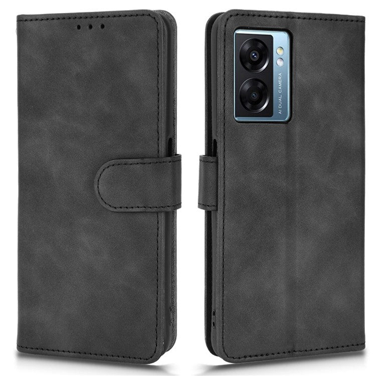 For Oppo A57e 4G / A57s 4G / A57 4G / A77 4G / OnePlus Nord N20 SE 4G Skin-touch Phone Case PU Leather Wallet Stand Shockproof Cover - Black