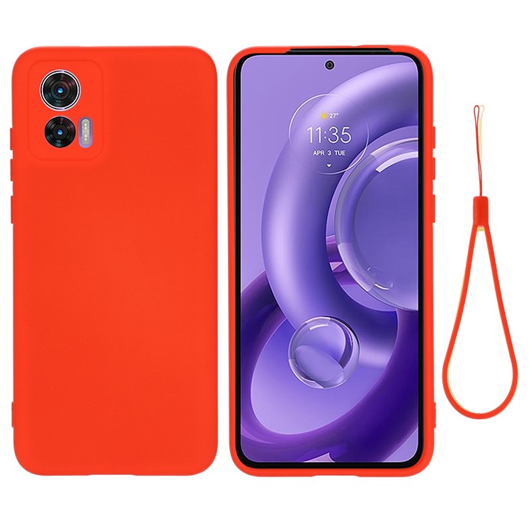 For Motorola Edge 30 Neo 5G / Edge 30 Lite Anti-scratch Liquid Silicone Cell Phone Case Shockproof Protective Cover with Strap - Red
