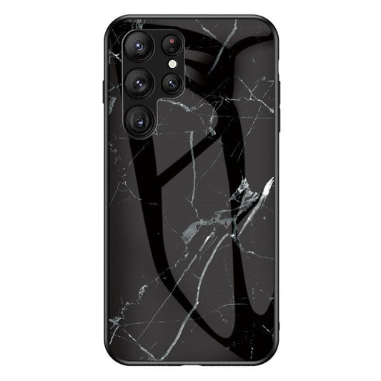For Samsung Galaxy S23 Ultra Anti-Scratch Marble Pattern Printing Phone Case Hybrid Tempered Glass + PC +TPU Frame Back Cover - Black Marble