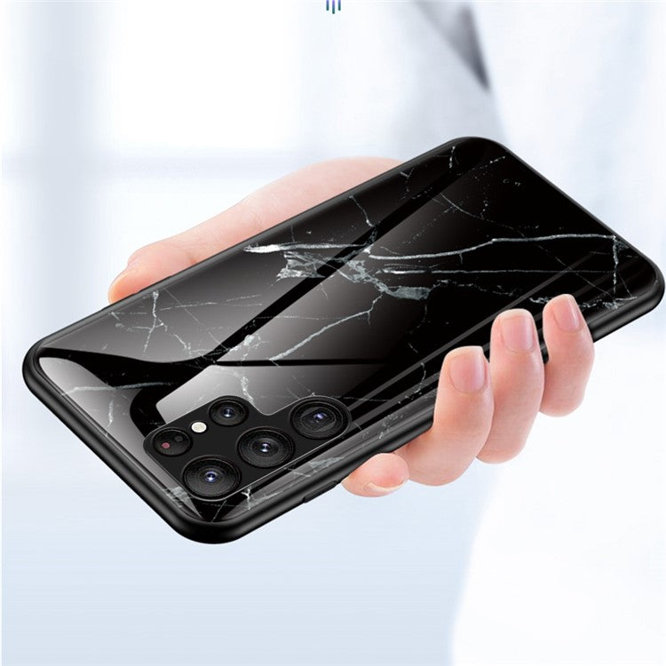 For Samsung Galaxy S23 Ultra Anti-Scratch Marble Pattern Printing Phone Case Hybrid Tempered Glass + PC +TPU Frame Back Cover - Black Marble