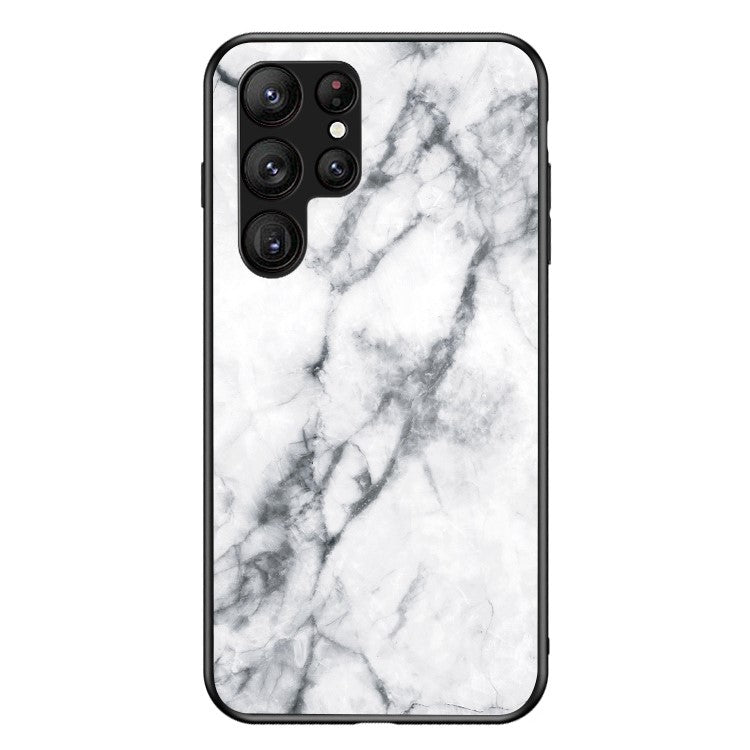 For Samsung Galaxy S23 Ultra Anti-Scratch Marble Pattern Printing Phone Case Hybrid Tempered Glass + PC +TPU Frame Back Cover - White Marble