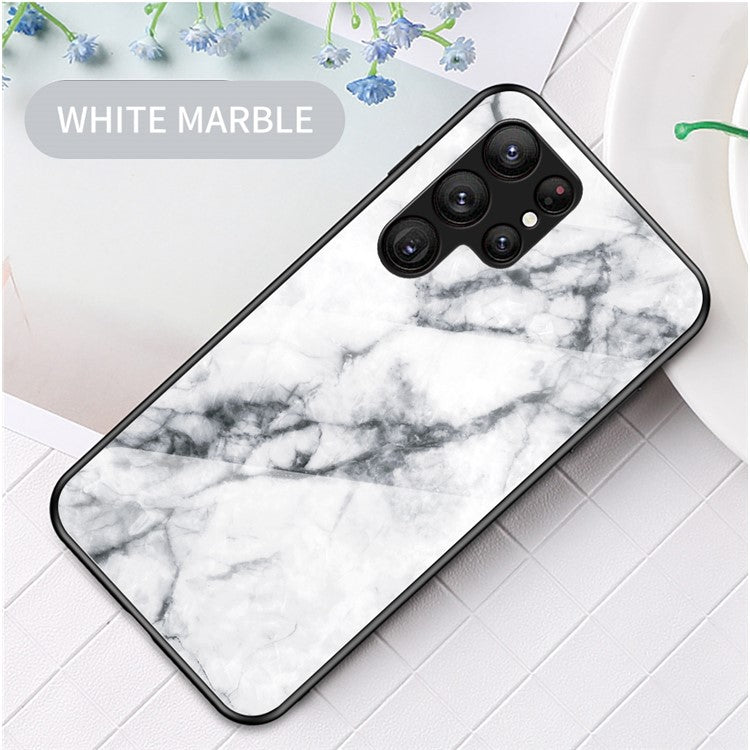 For Samsung Galaxy S23 Ultra Anti-Scratch Marble Pattern Printing Phone Case Hybrid Tempered Glass + PC +TPU Frame Back Cover - White Marble