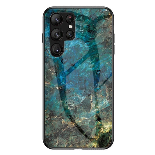 For Samsung Galaxy S23 Ultra Anti-Scratch Marble Pattern Printing Phone Case Hybrid Tempered Glass + PC +TPU Frame Back Cover - Emerald Marble