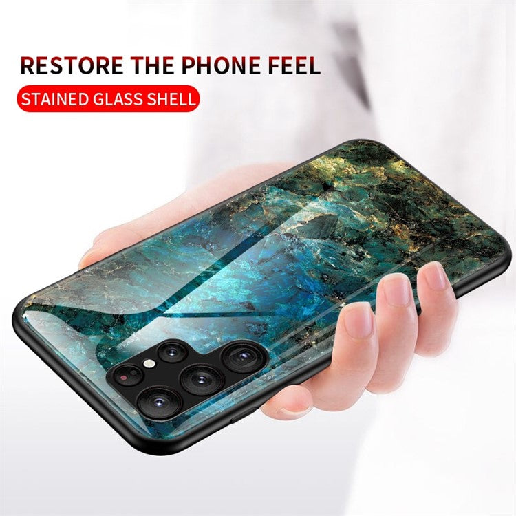 For Samsung Galaxy S23 Ultra Anti-Scratch Marble Pattern Printing Phone Case Hybrid Tempered Glass + PC +TPU Frame Back Cover - Emerald Marble