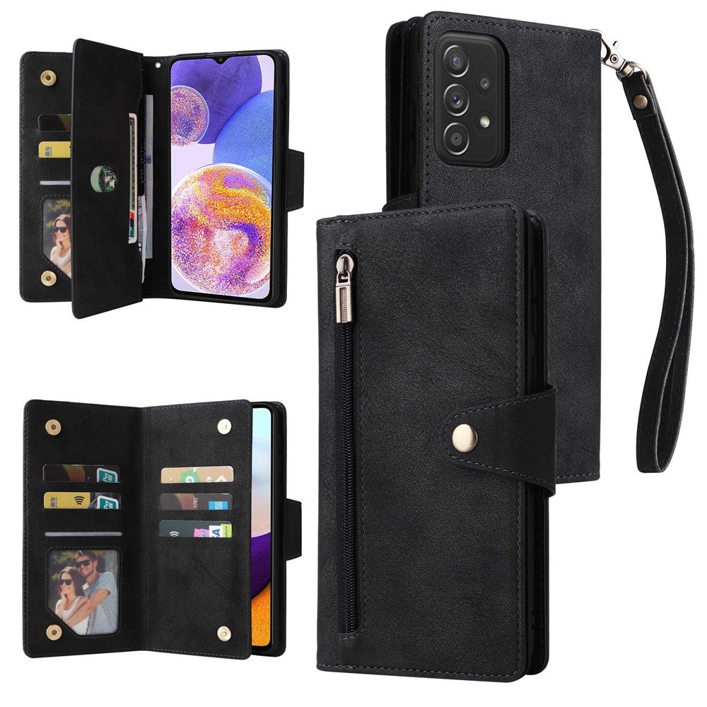 For Samsung Galaxy A23 4G / A23 5G (Global Version) / M23 5G / F23 5G Supporting Stand Wallet Zipper Pocket Phone Cover Rivet Buckle PU Leather Phone Case with Strap - Black