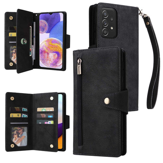 For Samsung Galaxy A23 4G / A23 5G (Global Version) / M23 5G / F23 5G Supporting Stand Wallet Zipper Pocket Phone Cover Rivet Buckle PU Leather Phone Case with Strap - Black