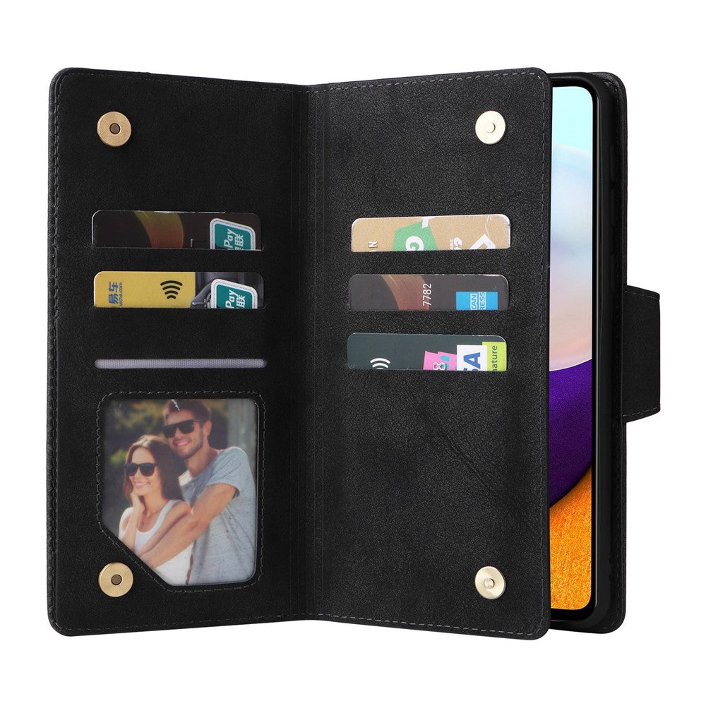 For Samsung Galaxy A23 4G / A23 5G (Global Version) / M23 5G / F23 5G Supporting Stand Wallet Zipper Pocket Phone Cover Rivet Buckle PU Leather Phone Case with Strap - Black