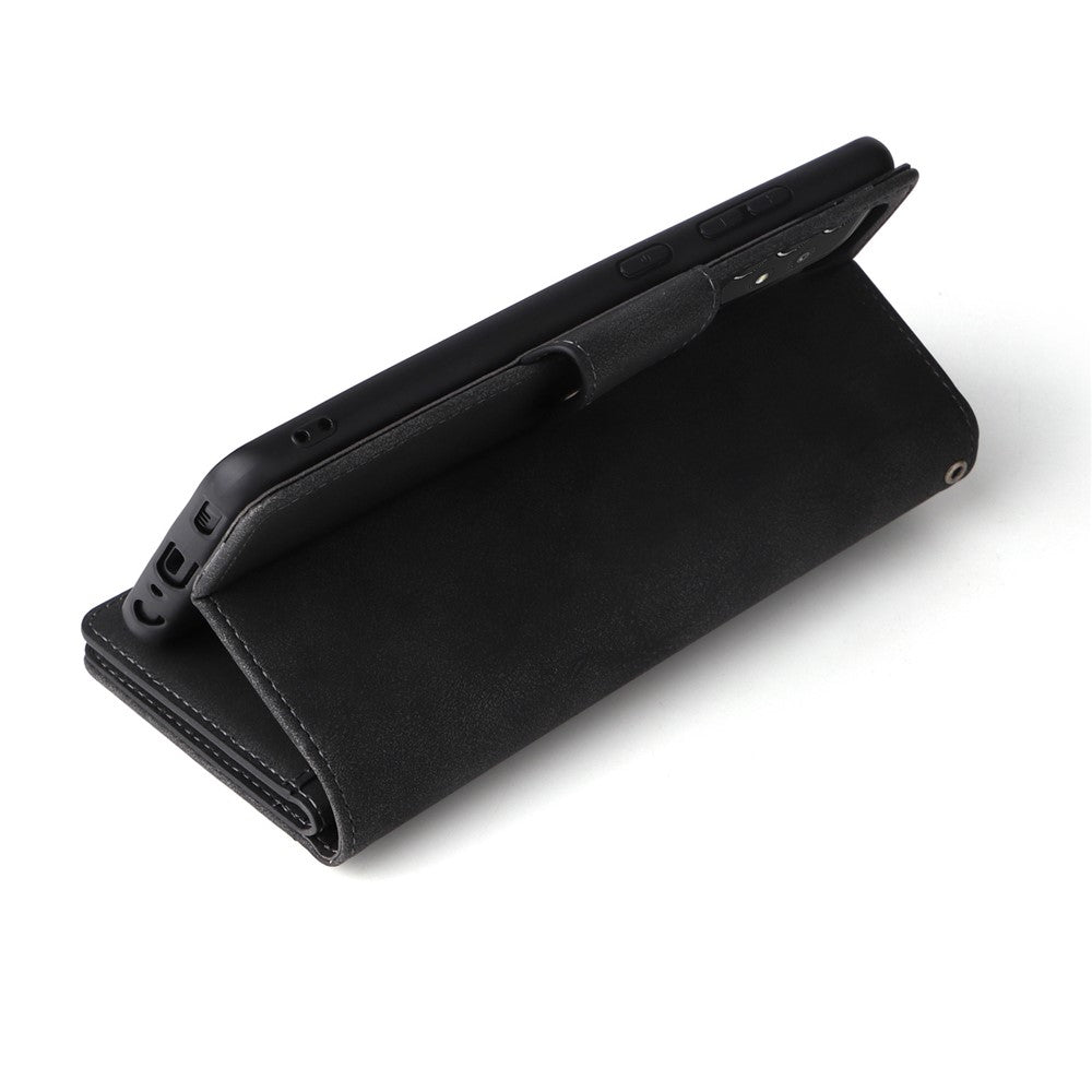 For Samsung Galaxy A23 4G / A23 5G (Global Version) / M23 5G / F23 5G Supporting Stand Wallet Zipper Pocket Phone Cover Rivet Buckle PU Leather Phone Case with Strap - Black