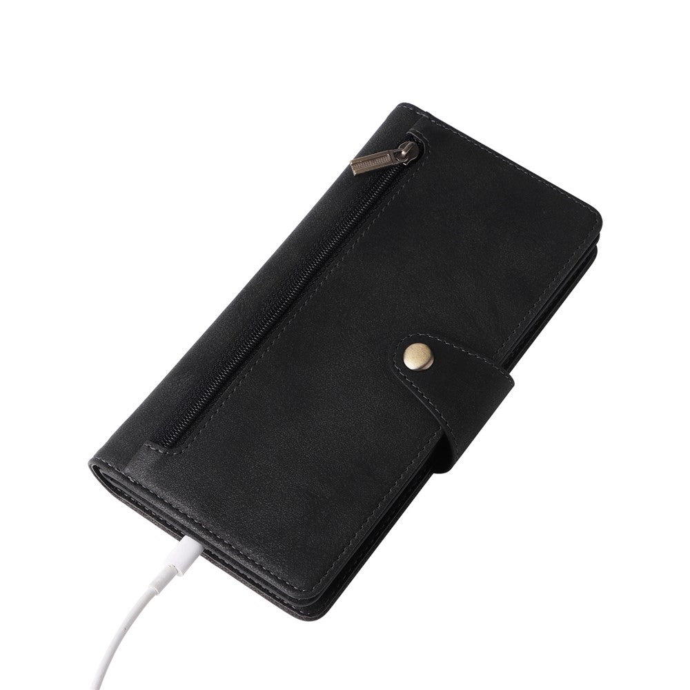 For Samsung Galaxy A23 4G / A23 5G (Global Version) / M23 5G / F23 5G Supporting Stand Wallet Zipper Pocket Phone Cover Rivet Buckle PU Leather Phone Case with Strap - Black