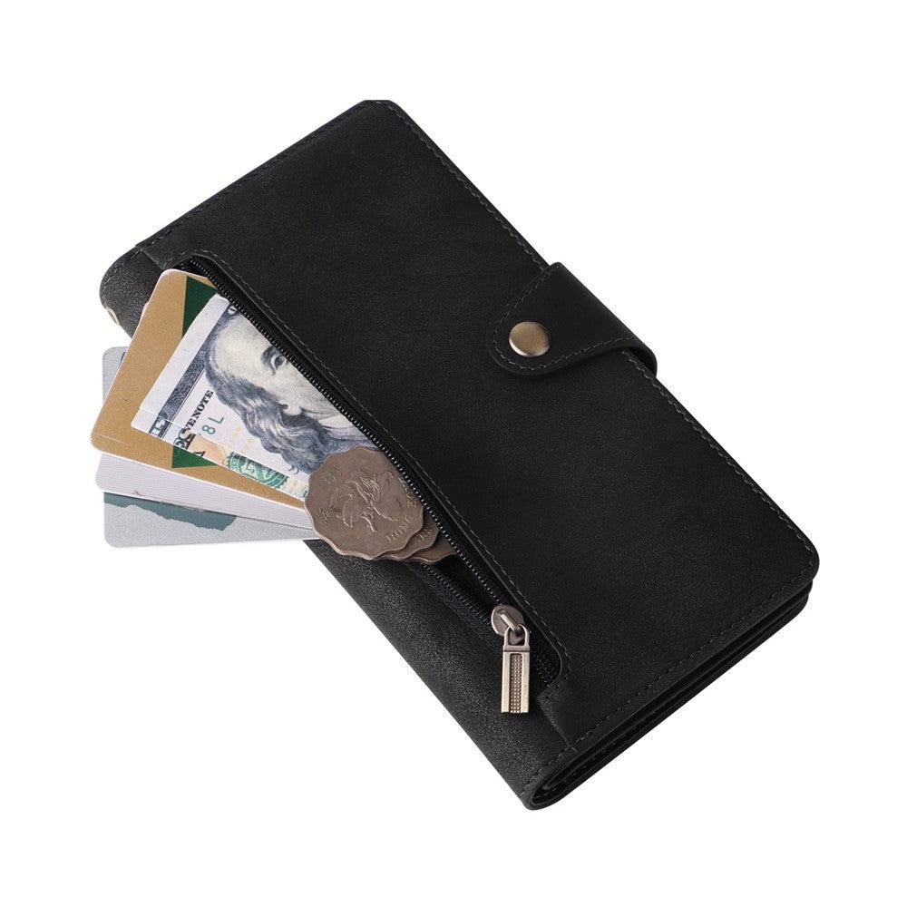 For Samsung Galaxy A23 4G / A23 5G (Global Version) / M23 5G / F23 5G Supporting Stand Wallet Zipper Pocket Phone Cover Rivet Buckle PU Leather Phone Case with Strap - Black