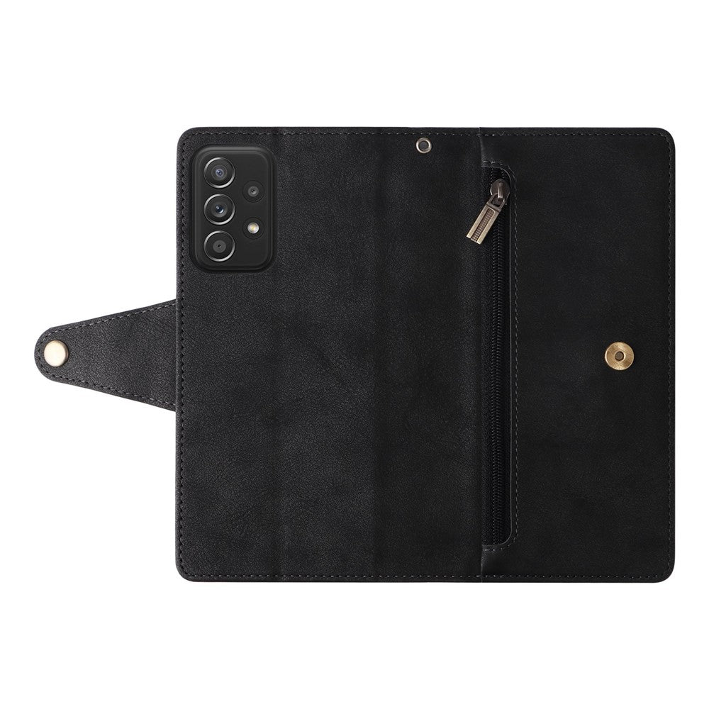 For Samsung Galaxy A23 4G / A23 5G (Global Version) / M23 5G / F23 5G Supporting Stand Wallet Zipper Pocket Phone Cover Rivet Buckle PU Leather Phone Case with Strap - Black