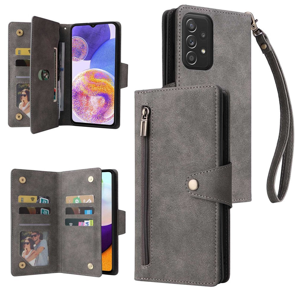 For Samsung Galaxy A23 4G / A23 5G (Global Version) / M23 5G / F23 5G Supporting Stand Wallet Zipper Pocket Phone Cover Rivet Buckle PU Leather Phone Case with Strap - Grey