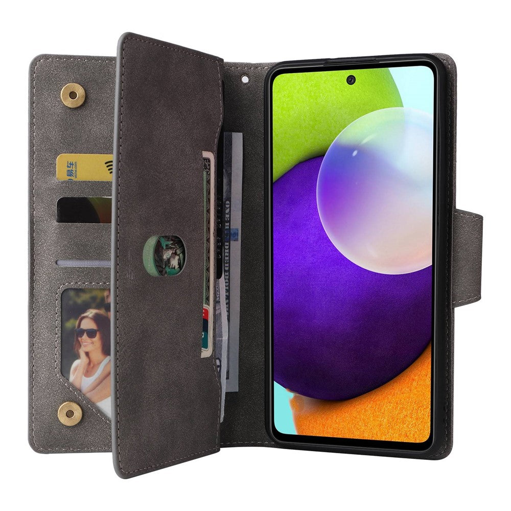 For Samsung Galaxy A23 4G / A23 5G (Global Version) / M23 5G / F23 5G Supporting Stand Wallet Zipper Pocket Phone Cover Rivet Buckle PU Leather Phone Case with Strap - Grey