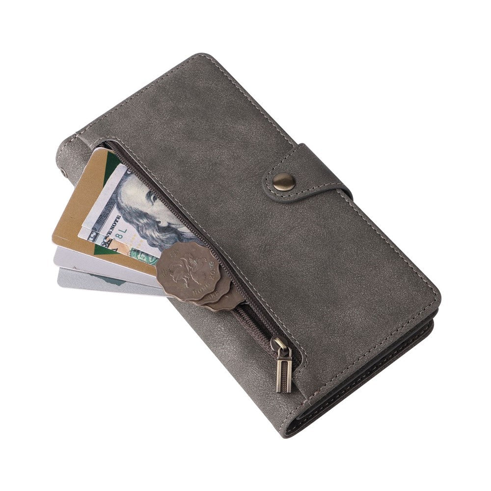 For Samsung Galaxy A23 4G / A23 5G (Global Version) / M23 5G / F23 5G Supporting Stand Wallet Zipper Pocket Phone Cover Rivet Buckle PU Leather Phone Case with Strap - Grey