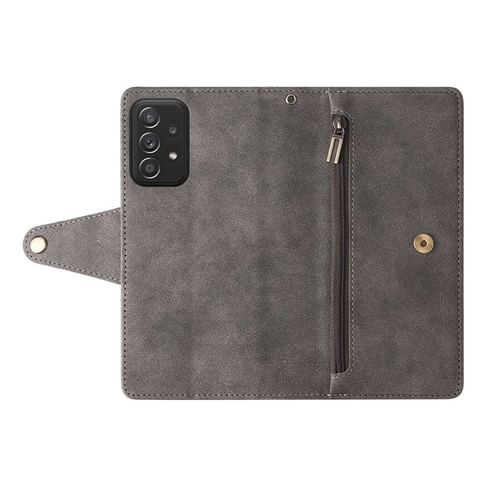 For Samsung Galaxy A23 4G / A23 5G (Global Version) / M23 5G / F23 5G Supporting Stand Wallet Zipper Pocket Phone Cover Rivet Buckle PU Leather Phone Case with Strap - Grey