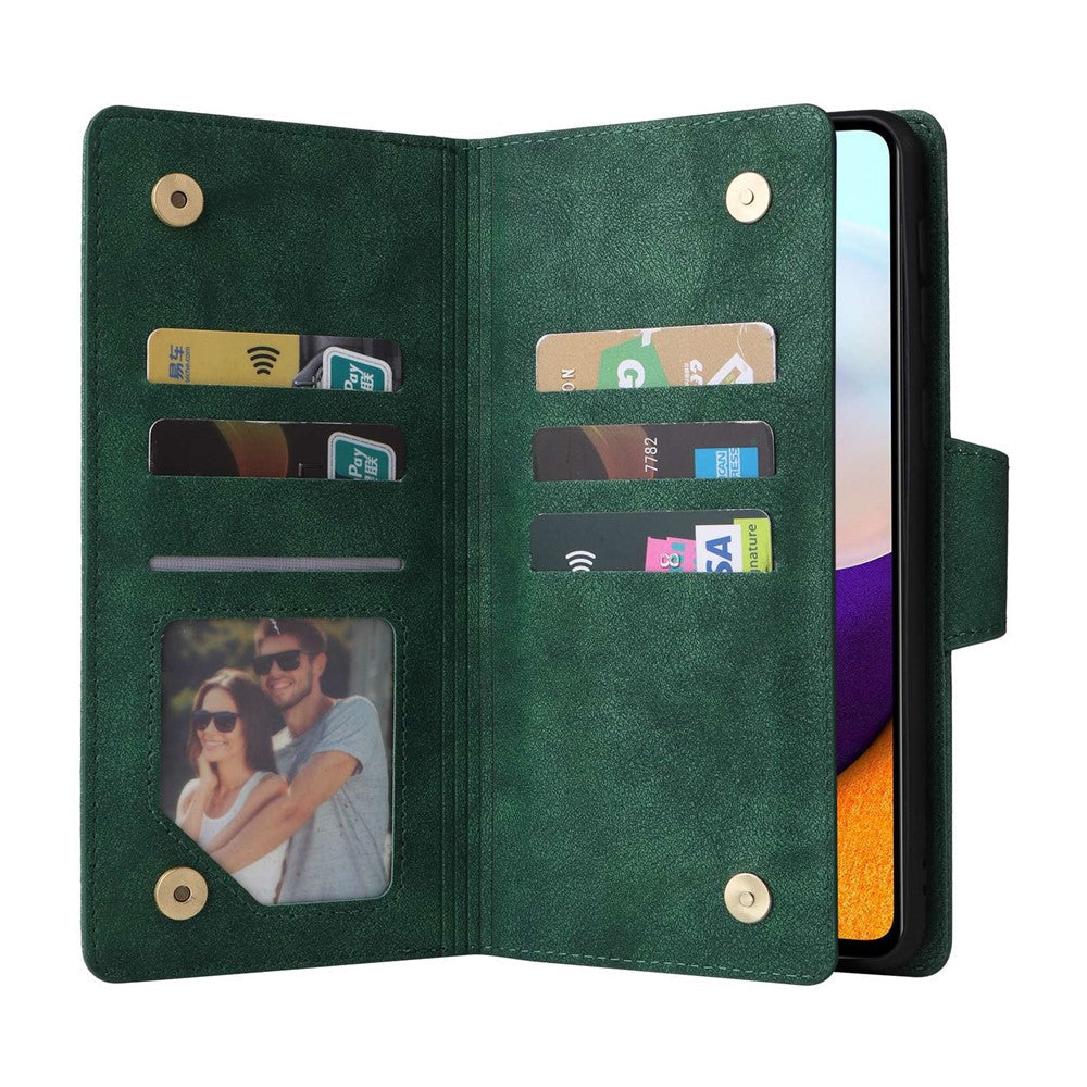 For Samsung Galaxy A23 4G / A23 5G (Global Version) / M23 5G / F23 5G Supporting Stand Wallet Zipper Pocket Phone Cover Rivet Buckle PU Leather Phone Case with Strap - Green