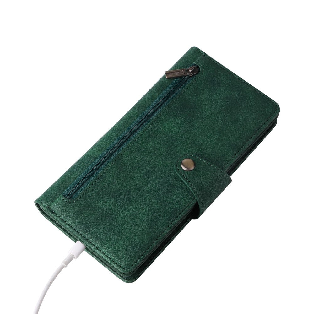 For Samsung Galaxy A23 4G / A23 5G (Global Version) / M23 5G / F23 5G Supporting Stand Wallet Zipper Pocket Phone Cover Rivet Buckle PU Leather Phone Case with Strap - Green