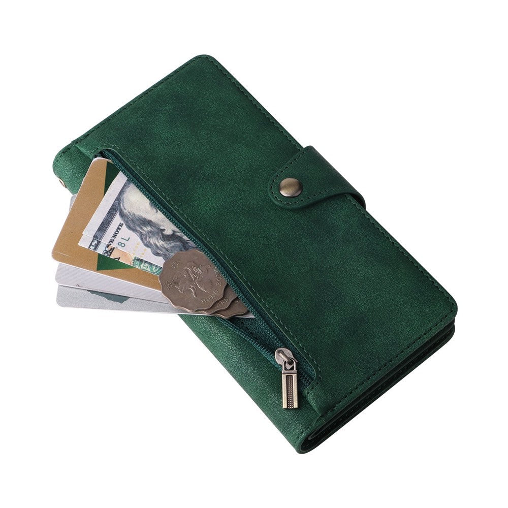 For Samsung Galaxy A23 4G / A23 5G (Global Version) / M23 5G / F23 5G Supporting Stand Wallet Zipper Pocket Phone Cover Rivet Buckle PU Leather Phone Case with Strap - Green