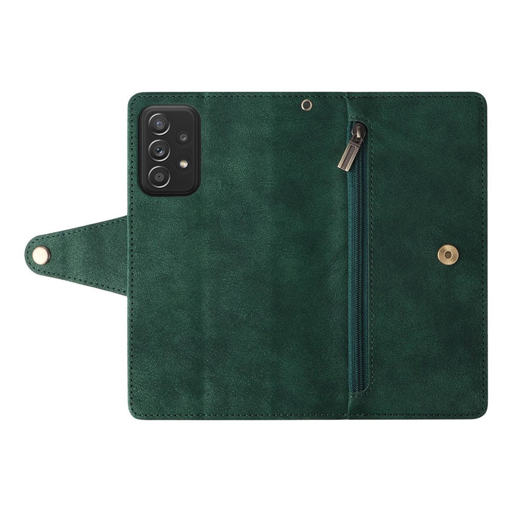 For Samsung Galaxy A23 4G / A23 5G (Global Version) / M23 5G / F23 5G Supporting Stand Wallet Zipper Pocket Phone Cover Rivet Buckle PU Leather Phone Case with Strap - Green