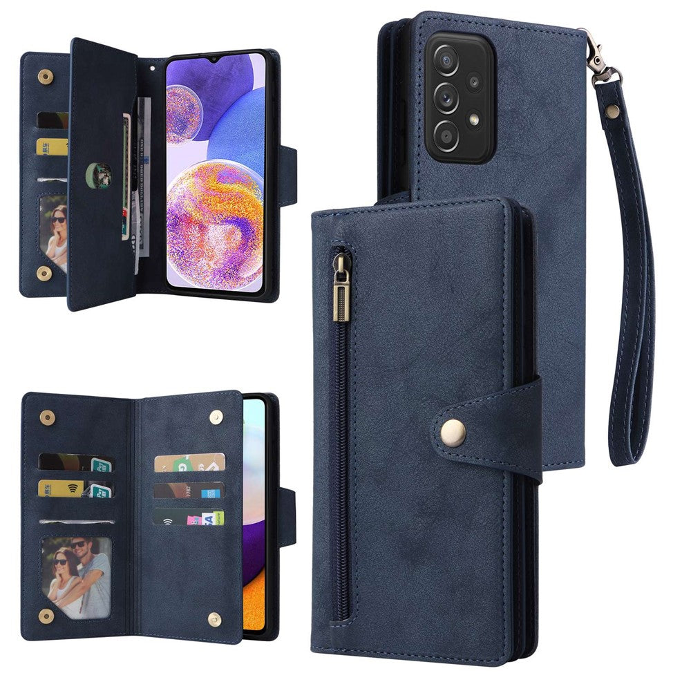 For Samsung Galaxy A23 4G / A23 5G (Global Version) / M23 5G / F23 5G Supporting Stand Wallet Zipper Pocket Phone Cover Rivet Buckle PU Leather Phone Case with Strap - Blue