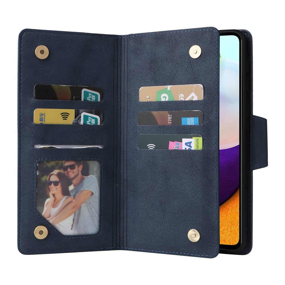 For Samsung Galaxy A23 4G / A23 5G (Global Version) / M23 5G / F23 5G Supporting Stand Wallet Zipper Pocket Phone Cover Rivet Buckle PU Leather Phone Case with Strap - Blue