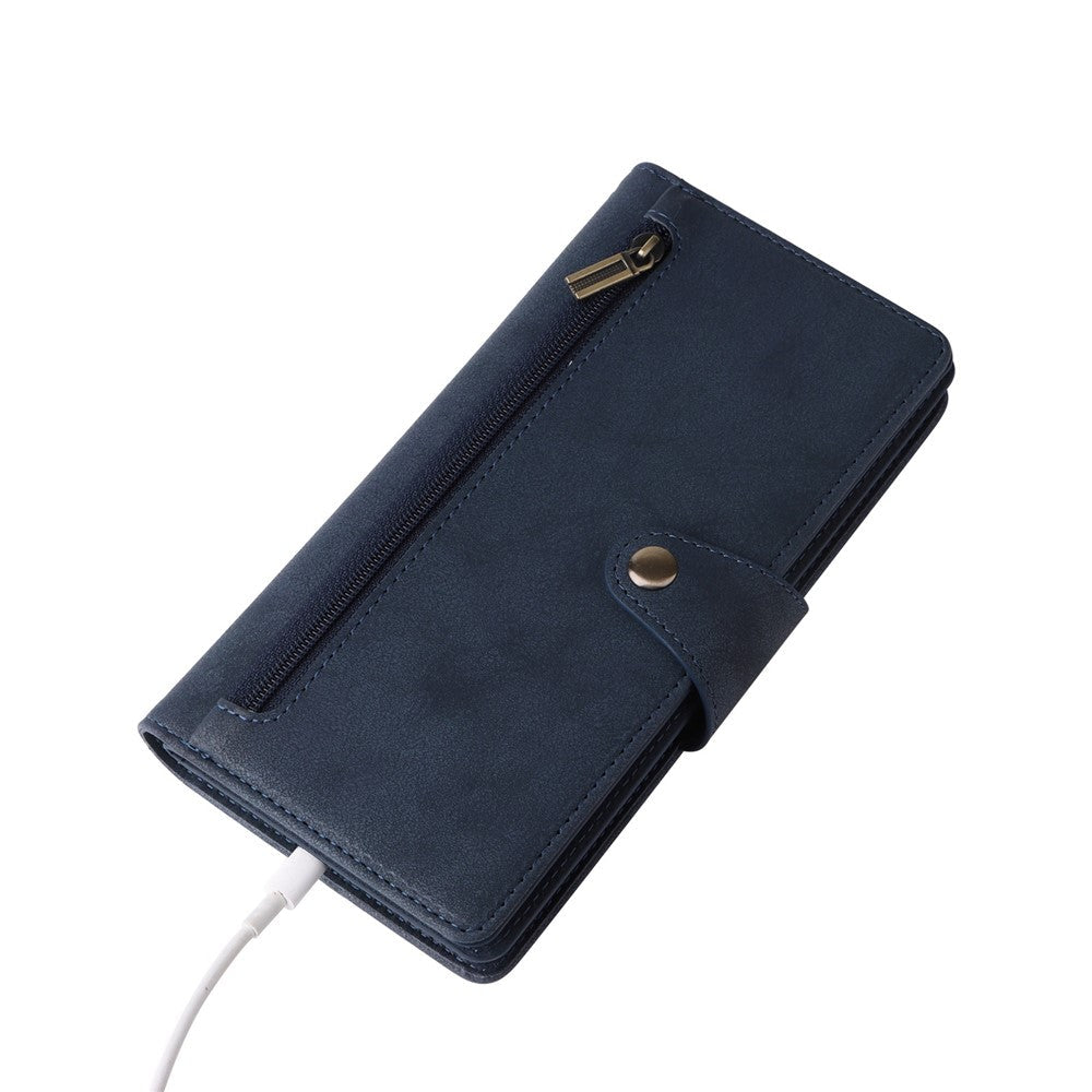For Samsung Galaxy A23 4G / A23 5G (Global Version) / M23 5G / F23 5G Supporting Stand Wallet Zipper Pocket Phone Cover Rivet Buckle PU Leather Phone Case with Strap - Blue