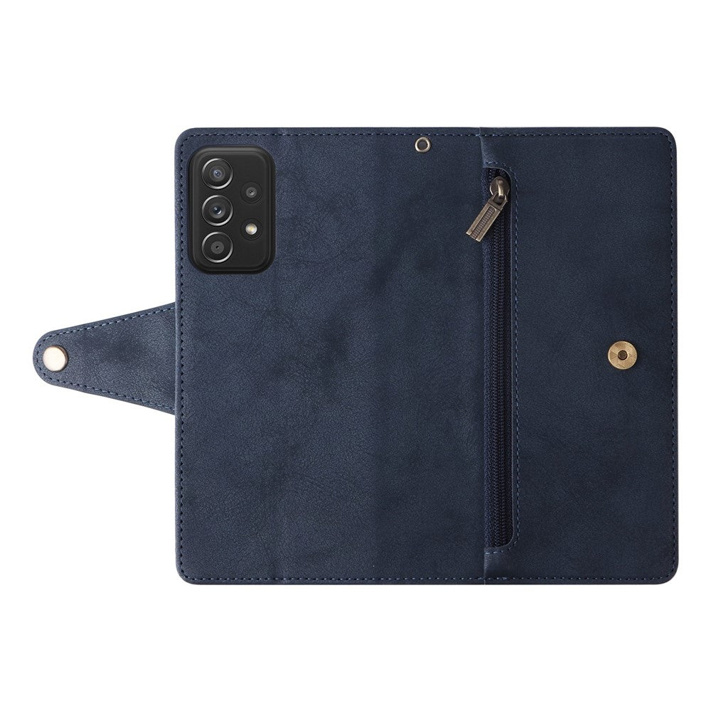For Samsung Galaxy A23 4G / A23 5G (Global Version) / M23 5G / F23 5G Supporting Stand Wallet Zipper Pocket Phone Cover Rivet Buckle PU Leather Phone Case with Strap - Blue