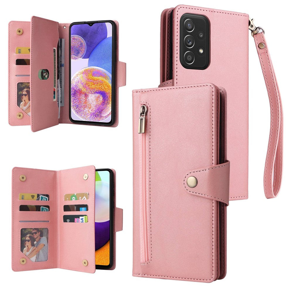 For Samsung Galaxy A23 4G / A23 5G (Global Version) / M23 5G / F23 5G Supporting Stand Wallet Zipper Pocket Phone Cover Rivet Buckle PU Leather Phone Case with Strap - Rose Gold